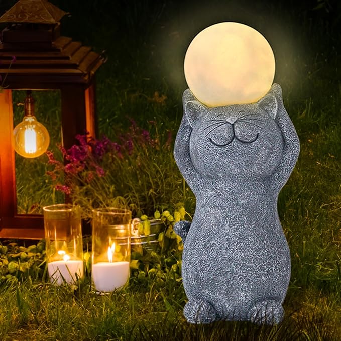 Solar Garden Decor Cat Moon Outdoor Statue and Figurine Lights, Outdoor Patio Sculpture Decor LED Lights Gifts for Mom or Daughter, Garden Statues Birthday Gifts for Women Home and Yard