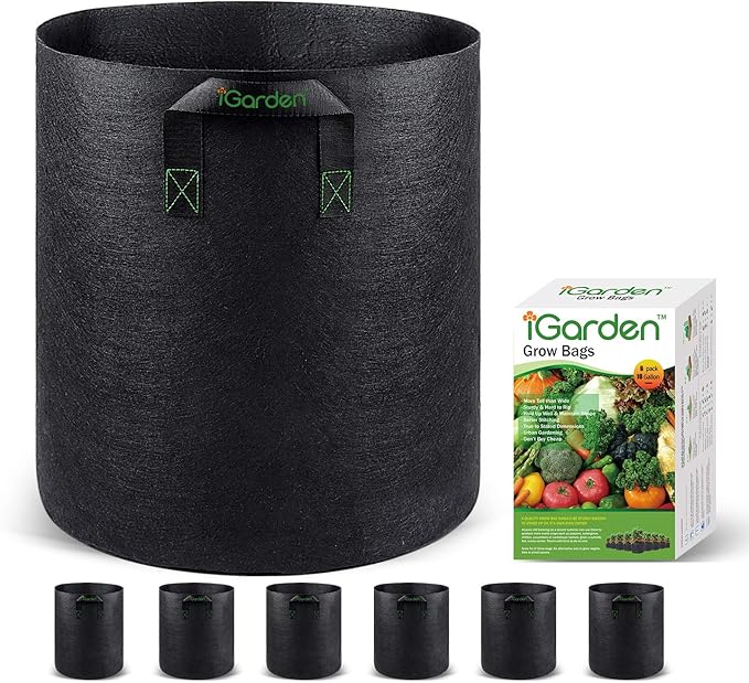 Grow Bags Tall, 10 Gallon Grow Pots 6 Pack with Handles, Heavy Duty 320G Thickened Nonwoven Fabric Plant Bag for Vegetables, Black