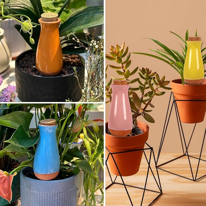 4 Packs Plant Watering Globes, Self Watering Planter Insert, Clay Plant Watering Devices, Self Watering Pots for Indoor Plants, Automatic Watering Bulbs Drip Irrigation Stake for 1 Week Easy to Refill