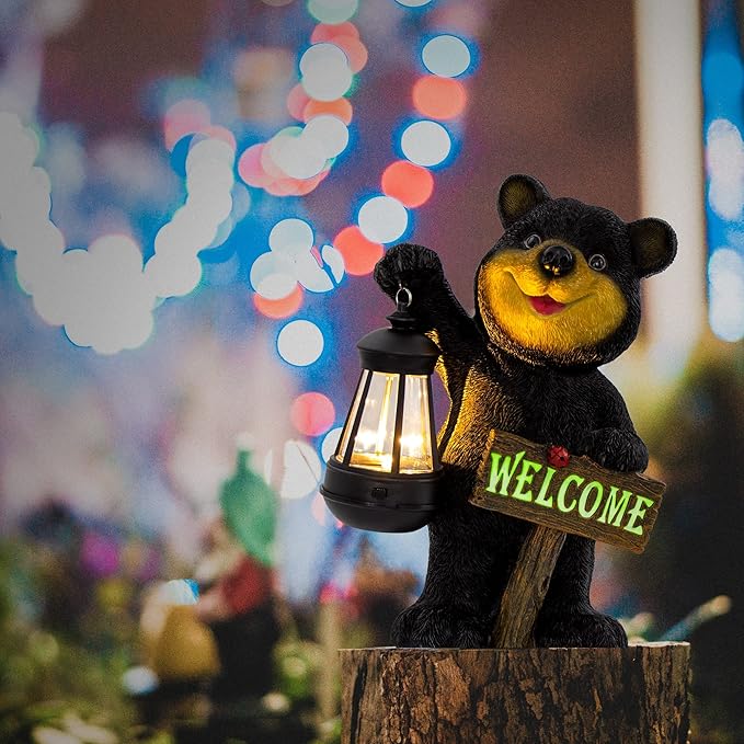 Juegoal Garden Bear Statue with Solar LED Lantern, Luminous Welcome Sign, Gifts for Mom Yard Art, Whimsical Figurine Large Sculpture Lighted Outdoor Mother's Day Spring Decorations for Lawn, Porch