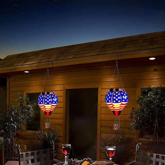 2 Pack Solar Hot Air Balloon Lantern with Flame, Hot Air Balloon Christmas Halloween Outdoor Decorations for Garden Decor, Glass Large Hanging Outdoor Decor,Solar Lantern Waterproof, Flag Decorations