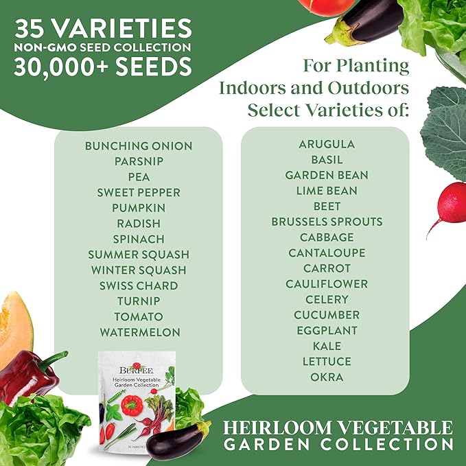 Burpee Heirloom Vegetable Seeds, Variety Pack with 35 Varieties of Plant Seeds, 30,000+ Garden Seeds - Mixed Non-GMO Seeds with Select Varieties of Lettuce, Beans, Tomatoes, Peppers, Squash and More