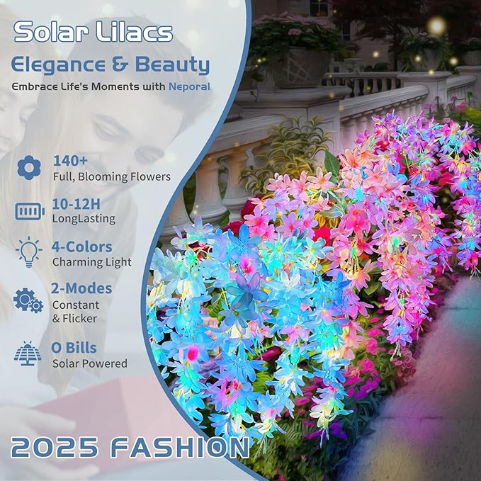 Neporal Solar Flowers Outdoor Waterproof IP65, 5 Lilac Flower Vines with 140+ Flowers, 2 Lightning Modes &Enlarged Solar Panel, 6PK Blue/Pink/Purple Solar Garden Lights Outdoor for Garden, Yard Decor