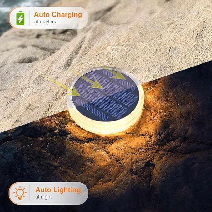 YiLaie LED Solar Deck Lights Outdoor Round Stick on Solor Powered Waterproof, Auto ON/Off Solar Stair Lights for Garden Patio Concrete Pathway Walkway Driveway(4 Pack)