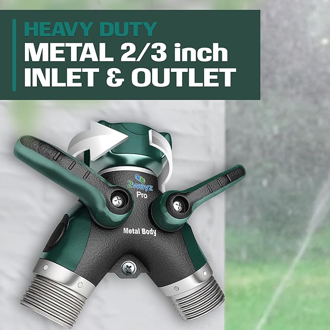 2WAYZ Hose Splitter 2 Way Heavy Duty - Outdoor Faucet and Garden Hose Splitter - Durable Water Spigot Splitter Y Adapter - All-Metal Water Hose Connector with Shut-Off Valve - 4 x 4 x 1.5 Inches