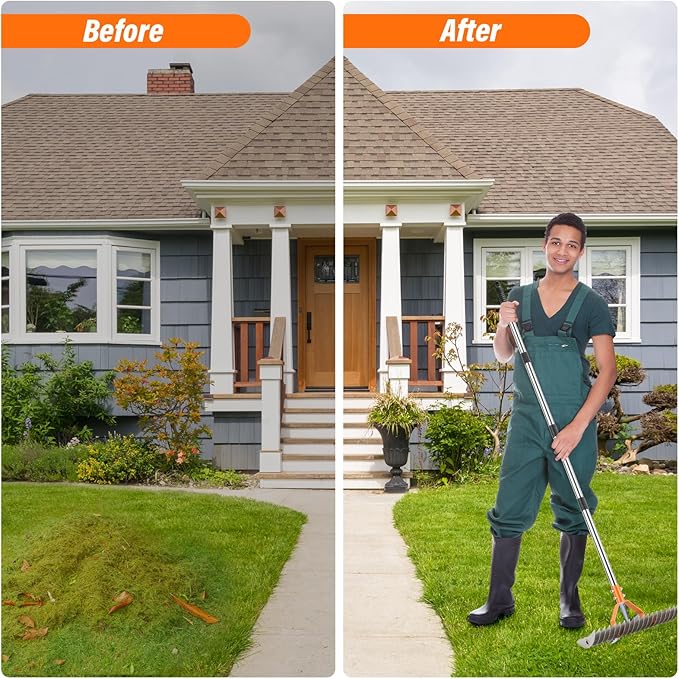 62" Thatch Rake, 19 Double-Sided Tines, 15-Inch Wide Lawn Rake, Adjustable Handle Garden Rake for Dethatching, Gardening, Yard Work, Heavy Duty Dethatcher Rake and Rock Rake