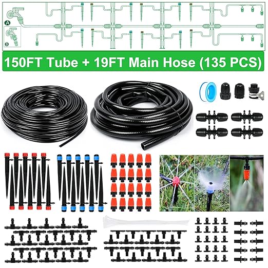 Drip Irrigation Kit, 169FT Greenhouse Watering System, 1/4 inch Automatic Patio Misting System for Garden with Distribution Tubing Hose & Adjustable Nozzle Emitters Sprinkler Barbed Fittings