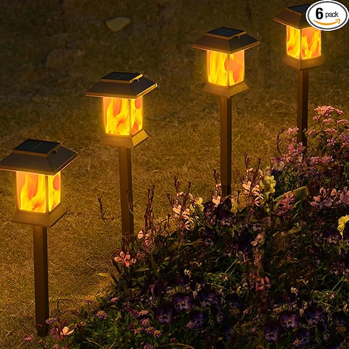 Solar Pathway Lights Outdoor with Flickering Flame, IP65 Waterproof, 6PK Solar Flame Lights with Hook, Upgraded 1000mAH Battery, Up to 12Hrs, Auto On/Off, Decor for Garden, Walkway