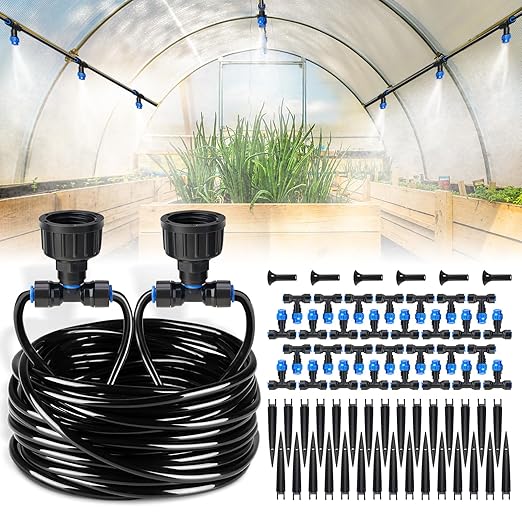 HIRALIY 118FT Greenhouse Mist Drip Irrigation Kit, Hanging Plant Watering, Garden Watering System with 1/4" Blank Tubing and Misting Nozzles, Quick Connector Design Automatic Irrigation System