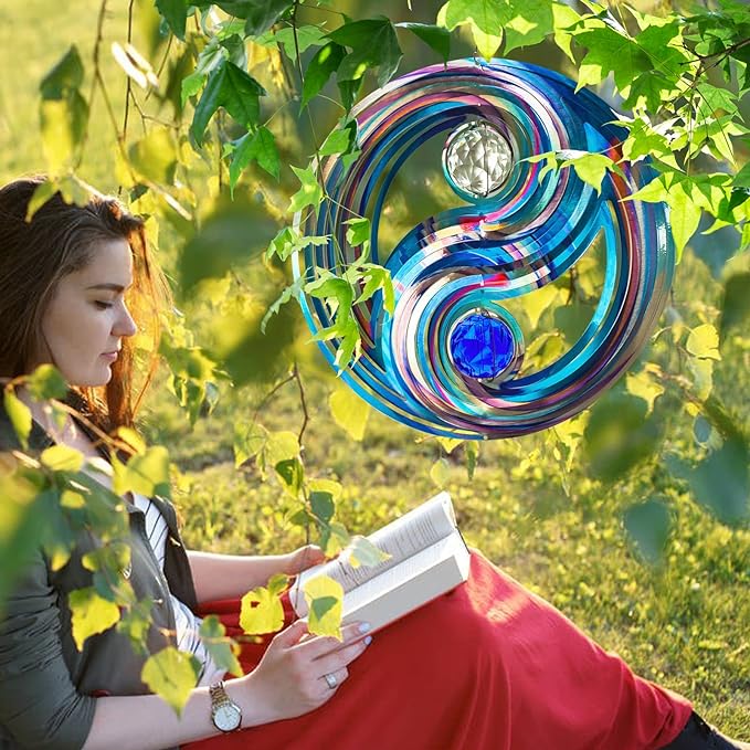 FONMY Mandala Wind Spinner w/Crystal Ball-Fengshui 3D Stainless Steel Hanging Spinners Worth Gift Christmas Decoration Indoor/Outdoor Garden Décor Kinetic Yard Art 12 Inches Wind Sculpture