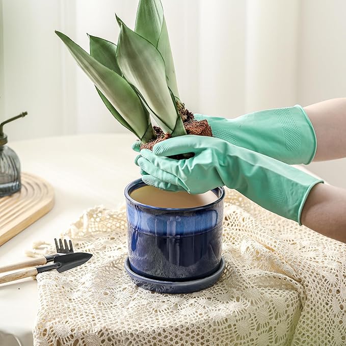 6 Inch Plant Pot: Ceramic Planter with Drainage Hole & Saucer - Gradient Blue Flowerpot for Indoor & Outdoor Plants with Separate Tray