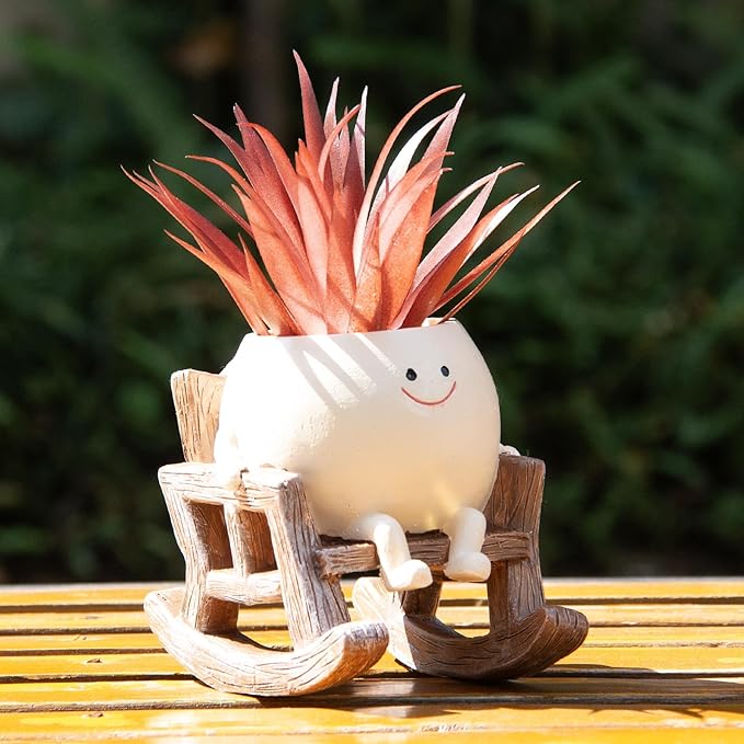 Smiley Face Planter Pot, Cute Resin Smile Face Flower Head Plant Pot, Creative Flower Pot for Indoor Outdoor Plants, Funny Home Decoration (Rocking Chair)