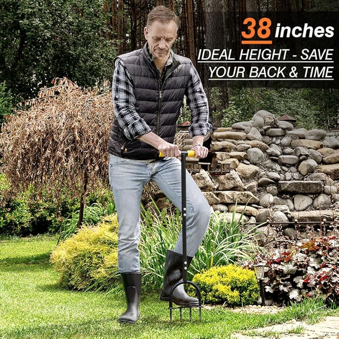 Colwelt Lawn Aerator Tool 38inch, Heavy Duty Grass Spike Aerator for Compacted Soil Aeration, Manual Lawn Air Aerators Tool with,Wide Foot Plate, Rugged Steel Spikes 3.5’’ in Length, 2/5’’ in Dia.