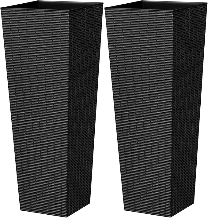 Greesum Large Tall Planter for Outdoors Plants, Set of 2, 32" Tall Plastic Flower Pots, Tapered Porch Planter with Drainage Holes for Patio, Backyard, Black