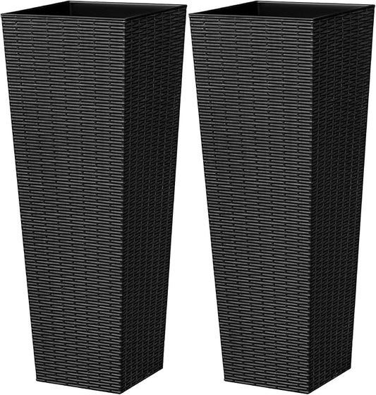 Greesum Large Tall Planter for Outdoors Plants, Set of 2, 32" Tall Plastic Flower Pots, Tapered Porch Planter with Drainage Holes for Patio, Backyard, Black