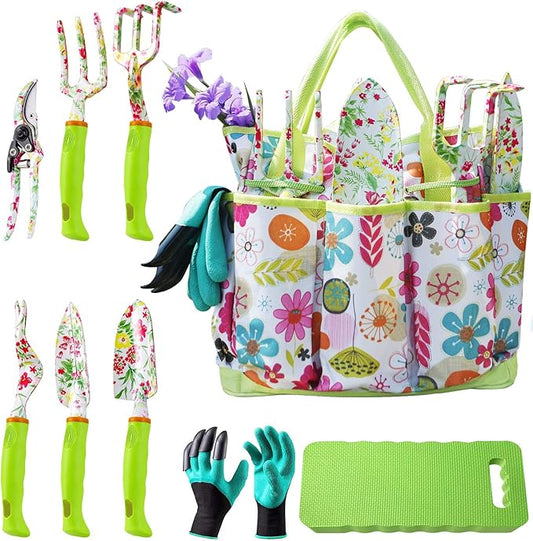 NAYE Garden Tool Set,Cute Gardening Gifts for Women,Birthday Gifts for Mom,Heavy Duty Tool Kit with Gloves,Garden Tote,Kneeling Pad,Hand Pruner,Trowel,Hand Rake,Weeder,Fork,Transplanter,Multicolor
