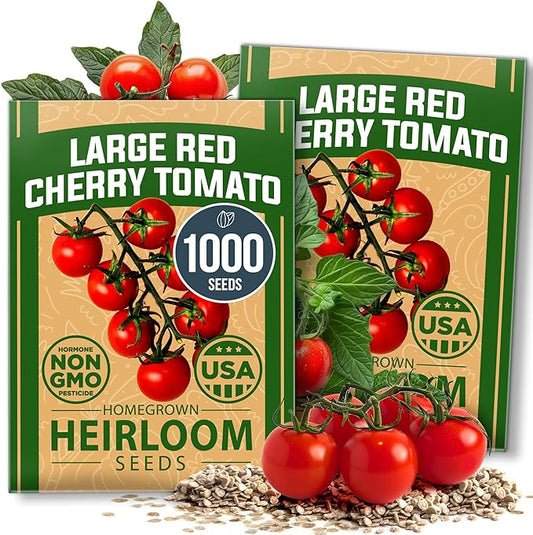 HOME GROWN Large Red Cherry Tomato Seeds 2 Pack (Solanum lycopersicum) - Approx.1000 Non-GMO Heirloom Tomato Seeds for Planting Vegetable Seeds for Homesteading, Sustainable Living, and Home Gardening