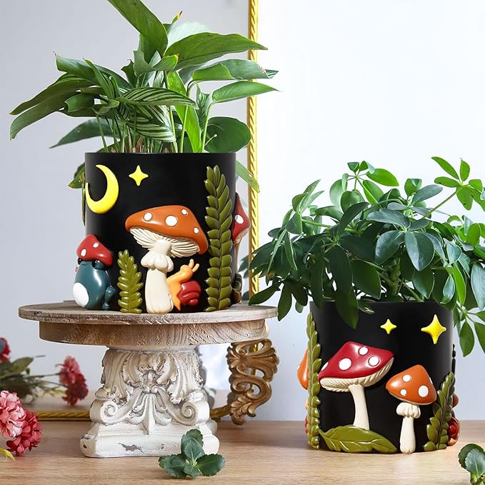 GUGUGO Colorful Frog Garden Plant Pots, Cute Unique Succulent Planters with Drainage, Rainbow Small Mushrooms Flower Planters Pots for Indoor Plants, Funny Eclectic Home Décor-Black