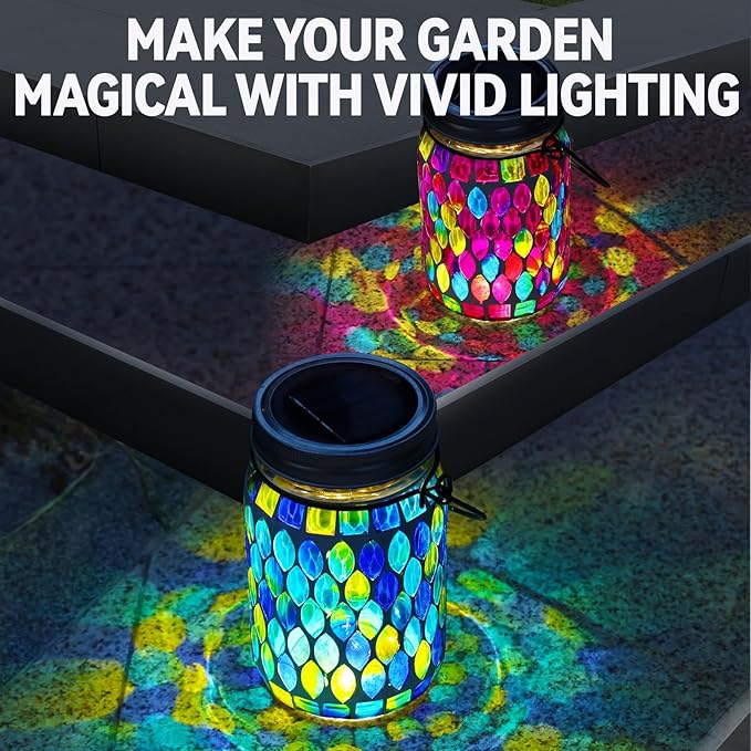 VOREEN 2 Pack Mosaic Solar Lanterns, Outdoor Glass Hanging Lights, Solar Table Lamps, Waterproof Night Lights, Jar Lights Easter Gifts, Decoration for Garden, Patio, Yard, Balcony, Blue&Red