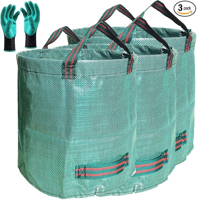 Standard 3-Pack 32 Gallons Garden Yard Bags (D18, H30 inches) with Coated Gardening Gloves Reusable Leaf Bags Standable Gardening Plant Trimming Bags Trash Containers Lawn Yard Waste Bags 4 Handles