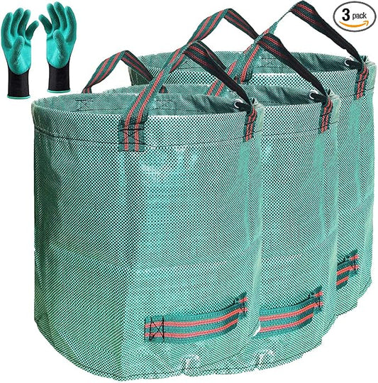 Standard 3-Pack 32 Gallons Garden Yard Bags (D18, H30 inches) with Coated Gardening Gloves Reusable Leaf Bags Standable Gardening Plant Trimming Bags Trash Containers Lawn Yard Waste Bags 4 Handles