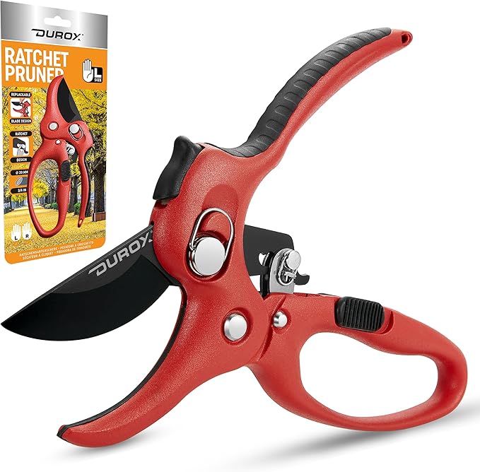 DURXO - Ratchet Pruning Shears, Garden Shears with 3x Cutting Power. Effort-Saving Heavy-Duty Anvil Pruners. Replaceable Blade Cutting Blade Design. Ideal Secateurs for Precise Trimming, Model DGR-01
