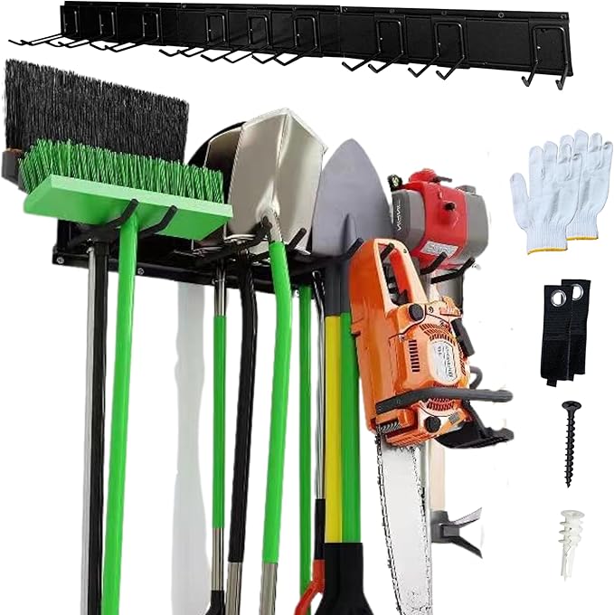 Ohana Love Garage Tool Organizer Wall Mount With Gardening Gloves - Adjustable Garden Tool Organizer for Garage with 9 Heavy Duty Snap On Hooks, 3 Rails, 2 Cable Storage Hooks Broom holder wall mount