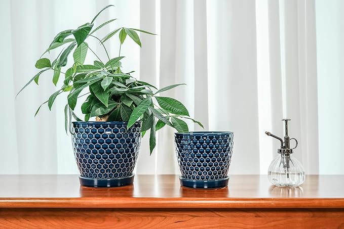 Docrin Ceramic Plant Pots Indoor: 6.6 + 5.5 Inch Planters with Drainage Holes and Saucer for Home/Office - Set of 2 /Blue Honeycomb