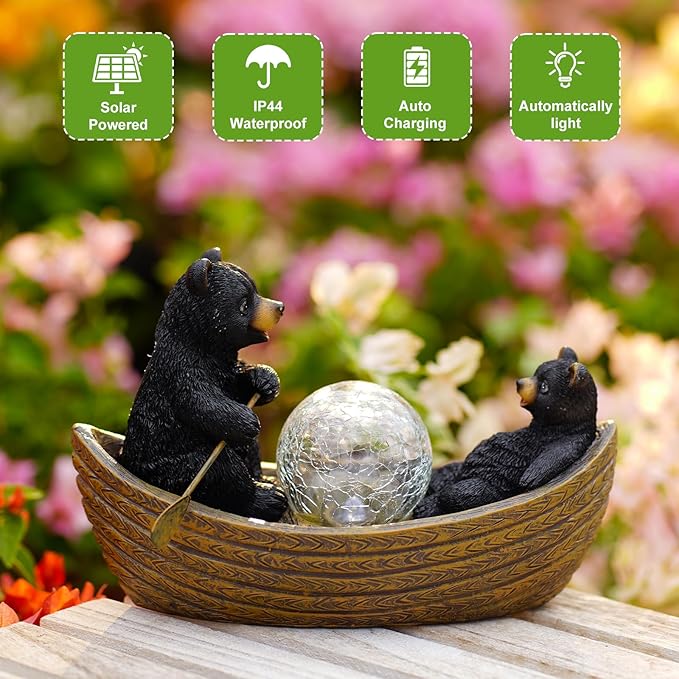 Solar Bears Boating Statues with Cracked Glass LED Lights – Funny Resin Bear Decor Garden Decorations for Patio,Balcony,Yard,Birthday Gifts for Women Mom