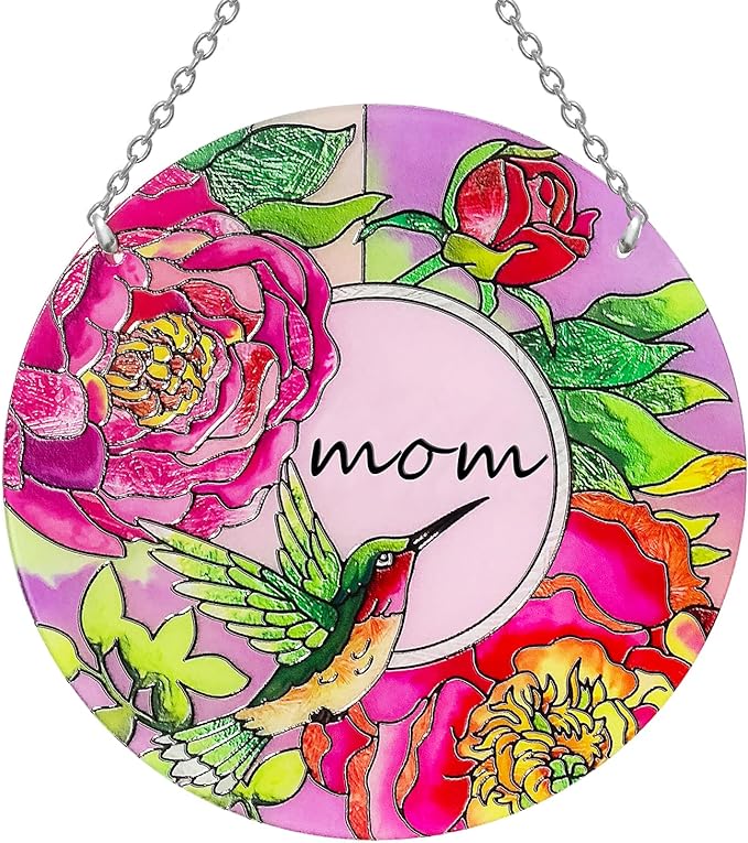 Hummingbird Gifts for Mom, Stained Glass Bird Window Hangings, Sun Catcher Ornament Hanging for Windows, Hummingbird Suncatcher for Women, Mother's Day Birthday Christmas (Suction Cup, 6in)
