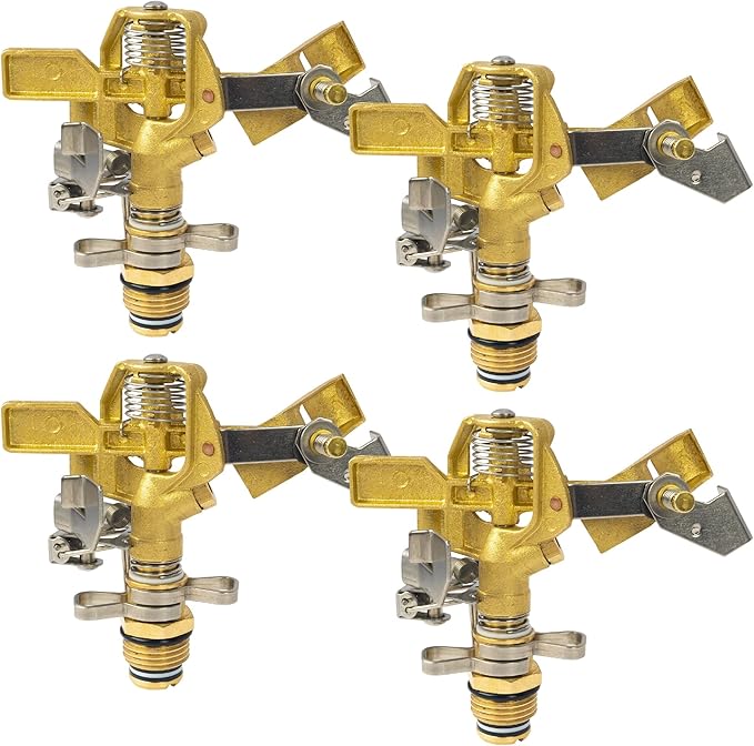 Hourleey 1/2 Inch Brass Impact Sprinkler, Heavy Duty Water Sprinkler Head, Adjustable 0-360 Degree Coverage Pattern, Watering Sprinkler with Nozzles for Large Patio Garden Irrigation (4 Pack)