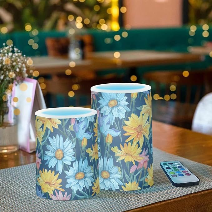 Flickering Flameless Candles, Daisy Flowers Botanical LED Candles with Remote Timer, Set of 2 Battery Operated Candle for Valentine Wedding Birthday