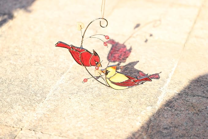 Cardinal Stained Glass Suncatchers for Windows Hanging Decorative,Couple Red Love Birds Sun Catchers for Christmas Ornaments,Real Stained Glass Cardinal Memorial Gifts for Women/Mom
