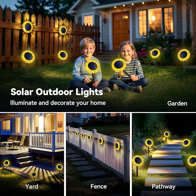Hogni 4PK Solar Garden Lights, Ground Stake/Hang 2 in 1 Solar Sunflowers Outdoor Waterproof IP67, Outdoor Decor for Pathway Walkway Landscape Backyard Fence Decoration
