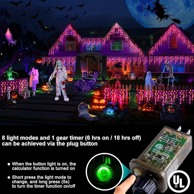 Hezbjiti 2Pack Total 800LED Halloween Lights Purple Orange Icicle Lights 32.8FT Halloween String Lights Outdoor Decoration 8 Modes 75 Drops Fairy Lights for Eaves Party Yard Garden Halloween Decor