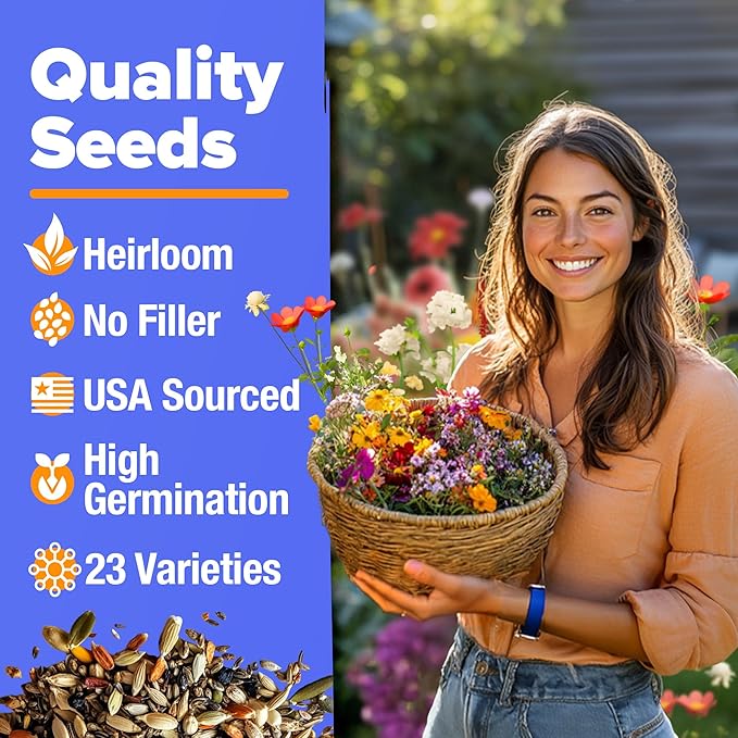 HOME GROWN Wildflower Seeds - 130,000+ Pure, No Filler, Birds & Butterflies Wild Flower Bulk Seed Mix (3 Oz) Flower Garden Seeds - 23 Varieties, Perennial & Annual Seeds for Fall Planting