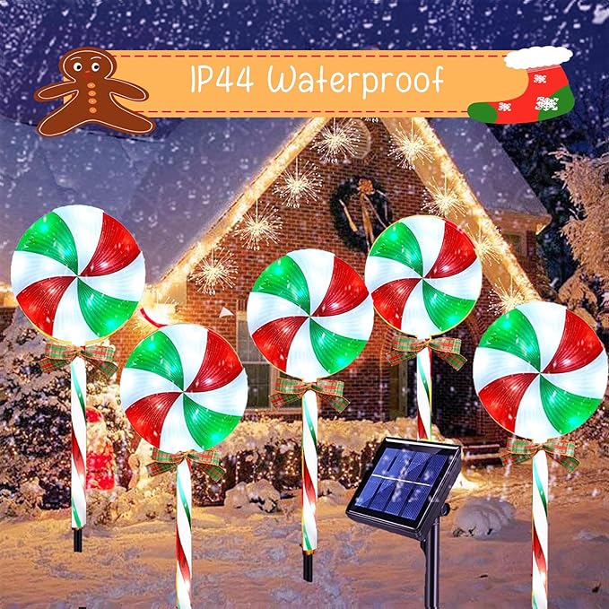 10 Packs Christmas Pathway Lollipop Lights with Bow Tie Solar Powered Outdoor Waterproof Xmas Candy Cane Path Landscape Decorative Stake Lights 2 Solar Panel + 10 Lights