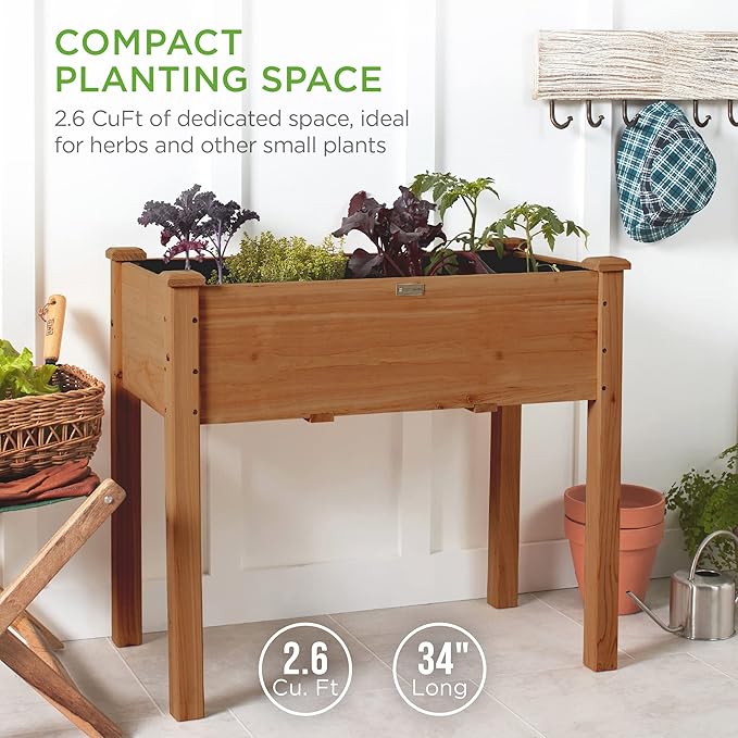 Best Choice Products 34x18x30in Raised Garden Bed, Elevated Wood Planter Box Stand for Kids, Backyard, Patio, Balcony w/Bed Liner, 150lb Capacity - Acorn Brown