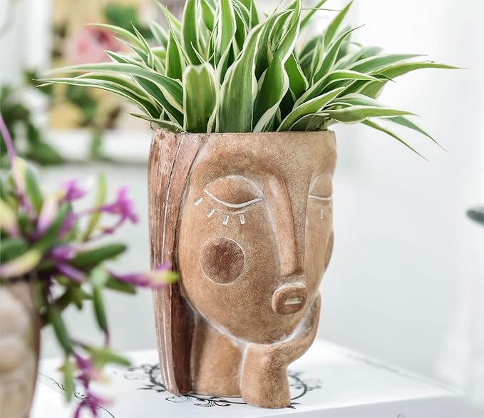 Head Planters for Indoor Plants, Face Flower Pot Head Planter Succulent Planters Unique Face Planter with Drainage Hole - Rustic Thinking Girl Closed Eyes