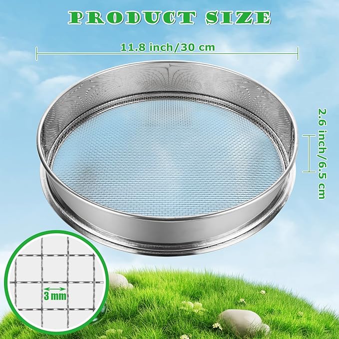 2 Pack Soil Sifter for Gardening 12 Inch Sand Soil Compost Sifter 304 Stainless Steel Mesh Screen Dirt Sifter for Garden Sand Rocks Dirt Compost, 1/8 Inch Mesh