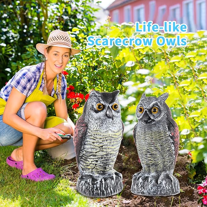 Hedoc 2 Pack Fake Owl Decoys to Scare Birds Away from Gardens and Rooftops, Great Horned Owl Bird Deterrents, Nature Scarecrow Plastic Owls Pest Repellent, Owl Statue for Garden Decor, Yard Decoration