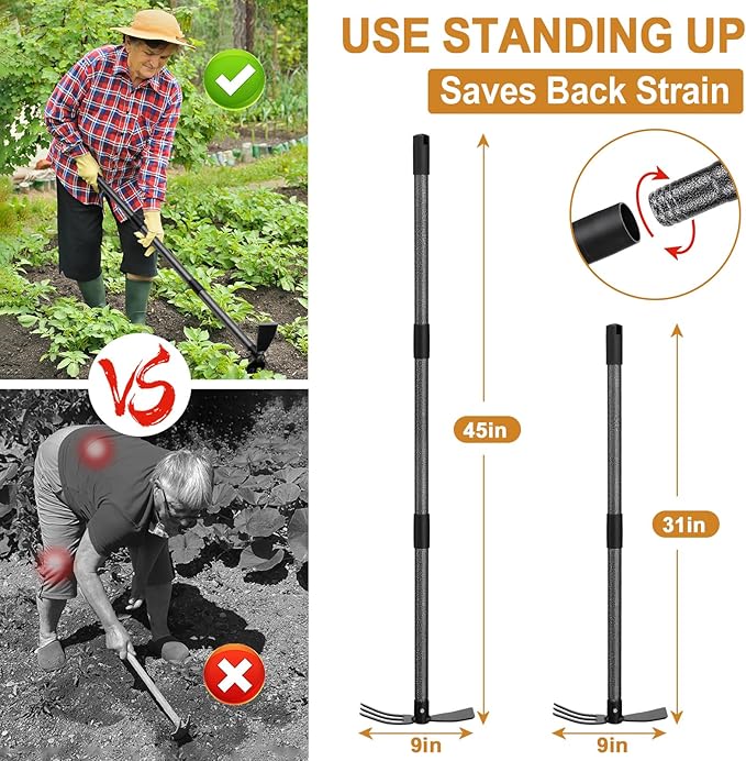 Hoe Garden Tool, Hoe Cultivator 2 in 1 Weeding Tools - 45" Long Handle Stand Up Weeder Hand Tiller, Heavy Duty Weeding Rake for Flower Beds Yard Lawn Gardening Digging Planting
