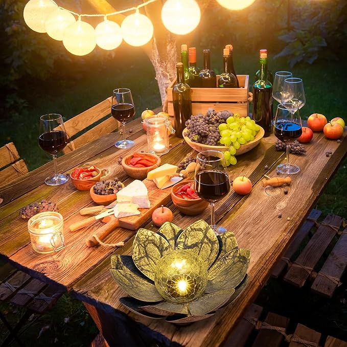 HPC Decor Solar Lights Outdoor Garden Decor - Art Crackle Globe Glass Lotus Decoration, Waterproof LED Metal Flower Lights for Outdoor Decor on Patio,Lawn,Walkway,Table,Perfect Gifts (Gray,11in)