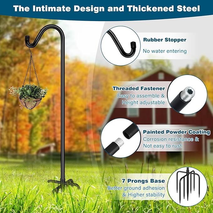 Gtongoko Shepherds Hook for Outdoor, 76 Inch Bird Feeder Pole with 7 Prongs Base, 5/8 Inch Thick Heavy Duty Adjustable Garden Hook for Hanging Plant, Hummingbird Feeder, Lantern, 2 Pack