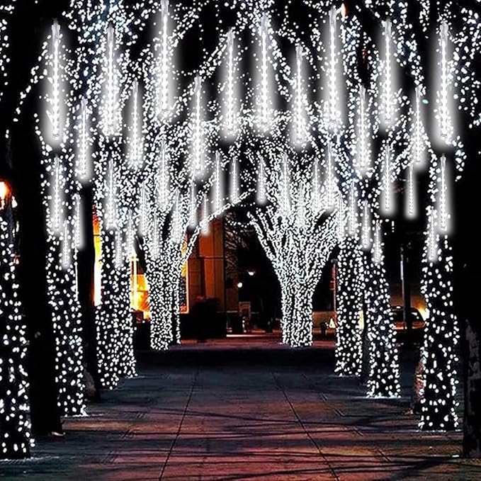 2-Pack Meteor Shower Christmas Lights Outdoor Decorations, Extendable Tree Lights Waterproof 16 Tubes 384 LEDs Falling Rain for Holiday Outside Decor Yard House Xmas Tree (Cool White)