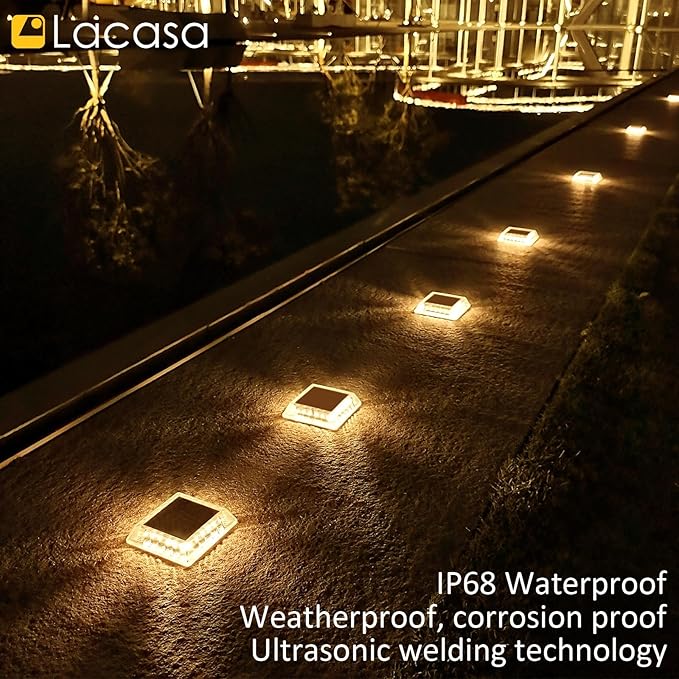 Lacasa Solar Deck Lights, 8 Pack 30LM LED Dock Lights Warm White 2700K, Outdoor Solar Powered Step Lights Light up All Night IP68 Waterproof Auto ON/Off for Garden Stairs Driveway Pathway Lighting