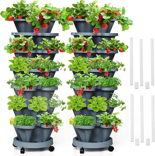 7 Tiered Strawberry Vertical Planters Tower Garden 2 Pack, Stacking Herb Vegetable Planter with Support Pole Indoor and Outdoor - Dark Grey