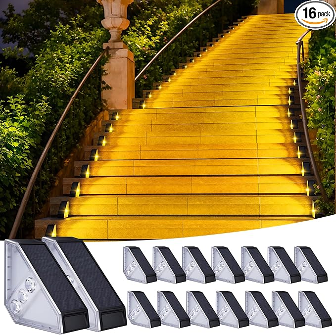KINKAI Solar Step Lights Outside - 16 Pack Outdoor Stair Light Waterproof LED Triangle Deck Lamps for Garden, Patio, Yard, Front Door, Porch Decor (Warm Light)