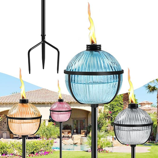 Citronella Torches Set of 4, 16 oz Glass Garden Torches for Outside, 3-Prong Grounded Stake Outdoor Torches, 58.6 inch Outdoor Torch for Yard, Patio, Deck, Party