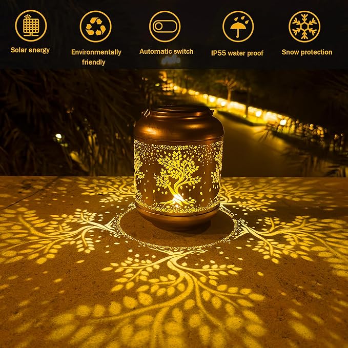 Solar Lanterns Outdoor, Waterproof Hanging Solar Lantern Garden Decor, Solar Lights for Backyard Porch Patio Table Yard Balcony Lawn Pathway, Tree of Life Gifts for Women Grandma Mom